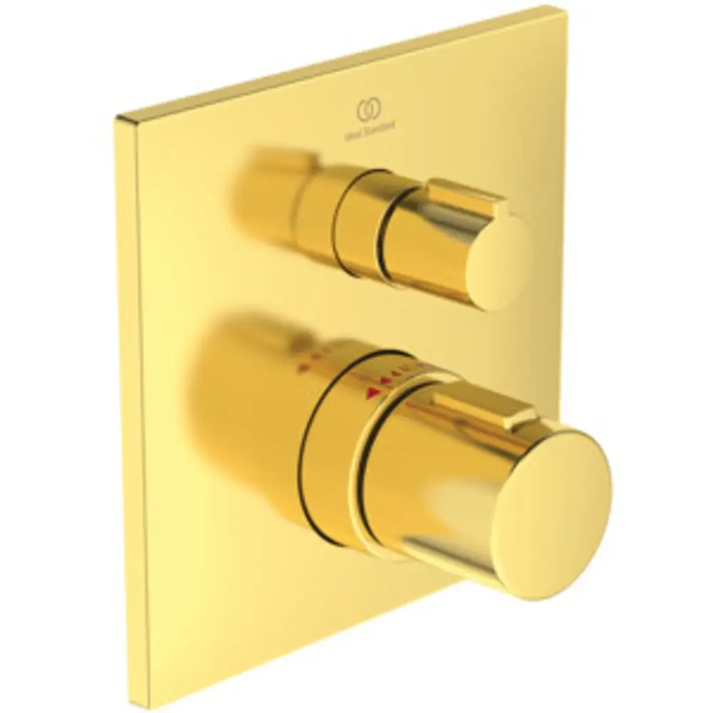 Einzelner Thermostat von Ideal Standard in edelgoldener Ausführung. Die Steuerungseinheit präsentiert sich mit zwei runden Reglern auf einer quadratischen Wandplatte.